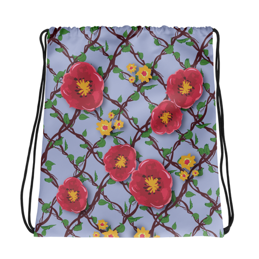 Drawstring bag Red & Yellow Flowering Vine on Blue