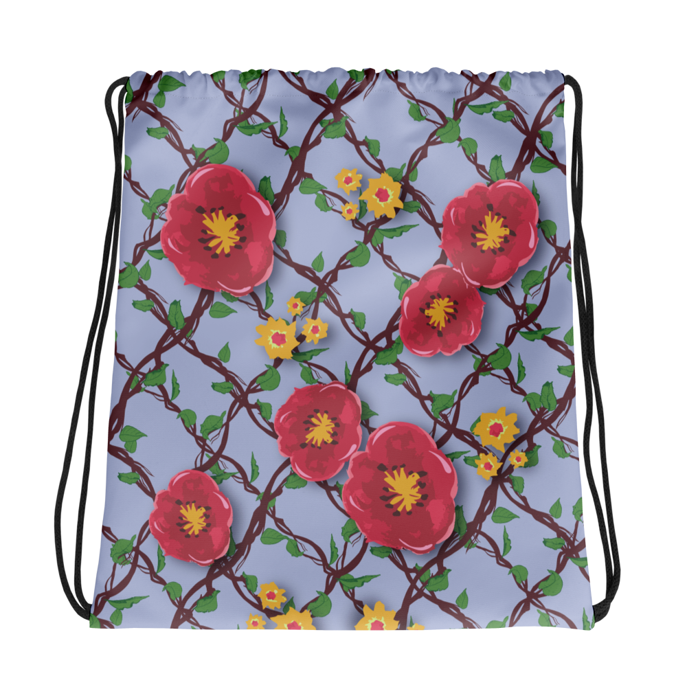 Drawstring bag Red & Yellow Flowering Vine on Blue