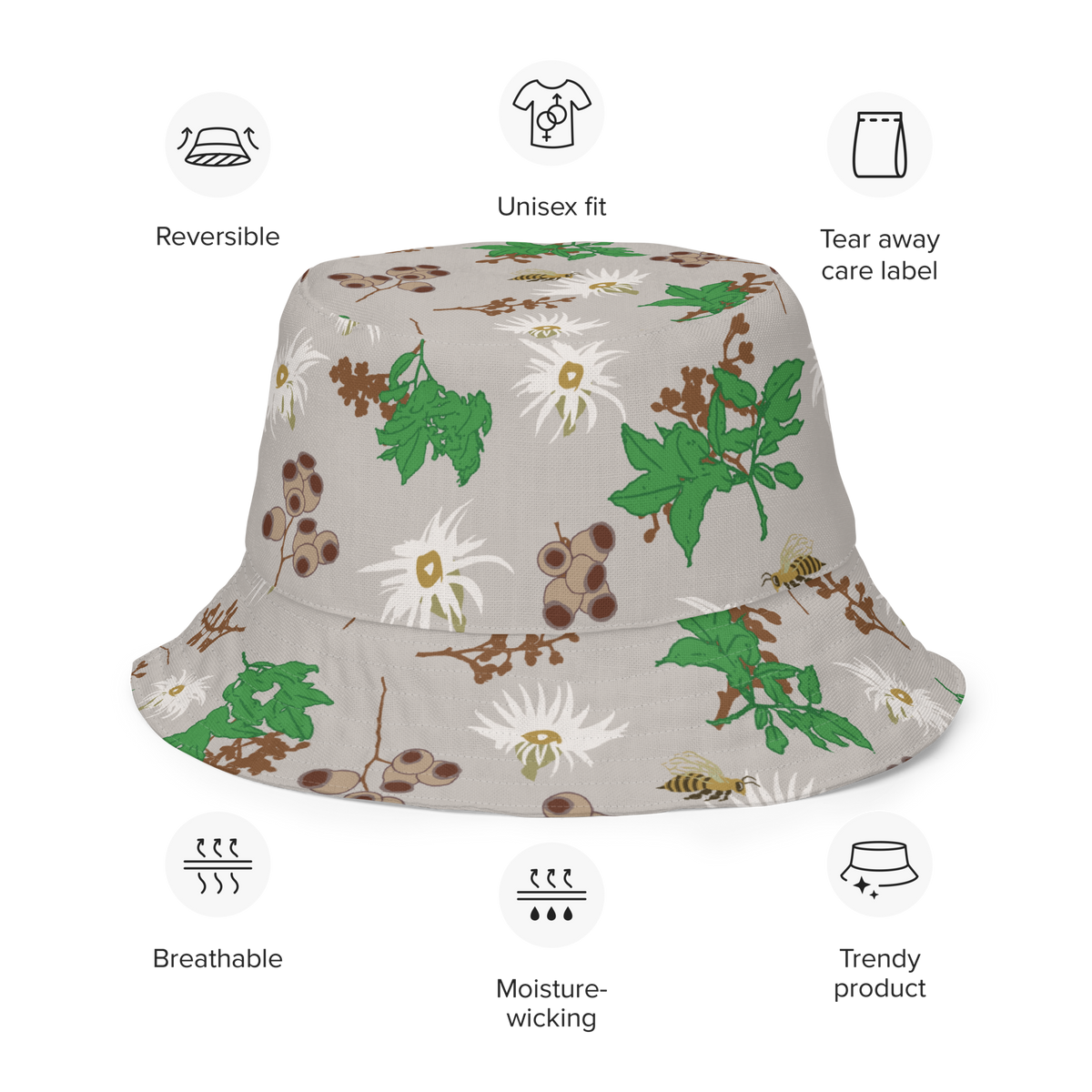 Reversible bucket hat Bees in the Blossoms