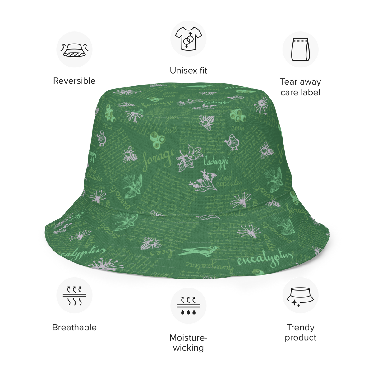 Reversible bucket hat Lady in Script Green