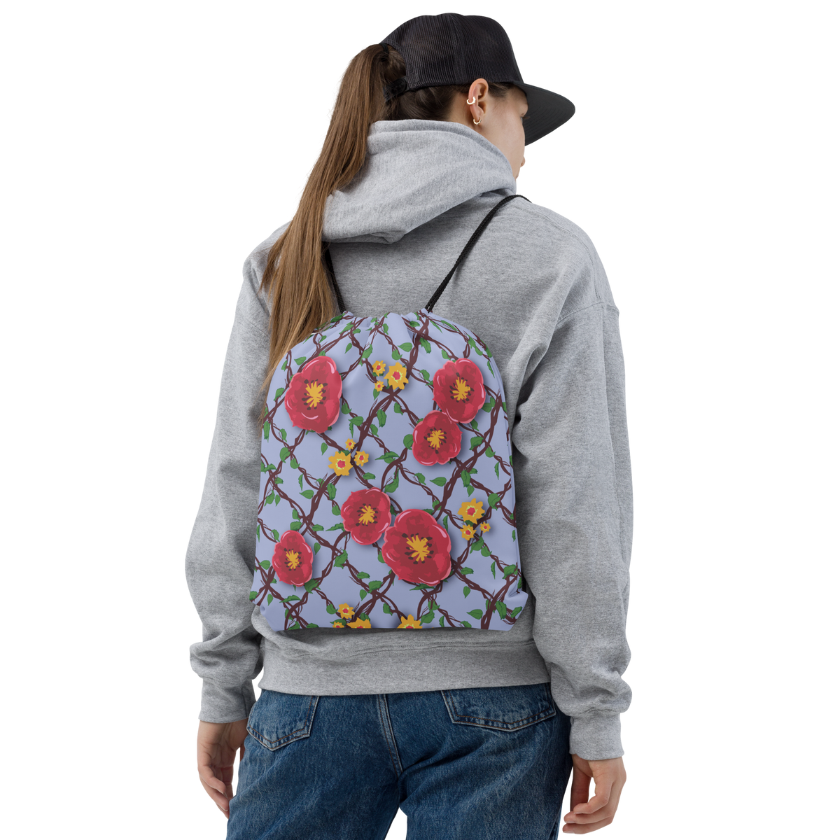 Drawstring bag Red & Yellow Flowering Vine on Blue