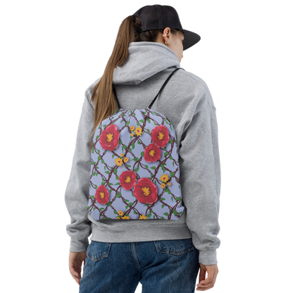 Drawstring bag Red & Yellow Flowering Vine on Blue