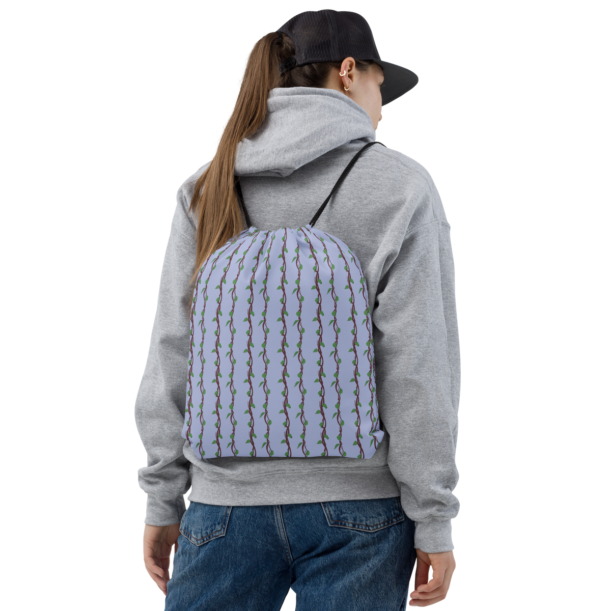 Drawstring Bag Leafy Branches Stripe Blue