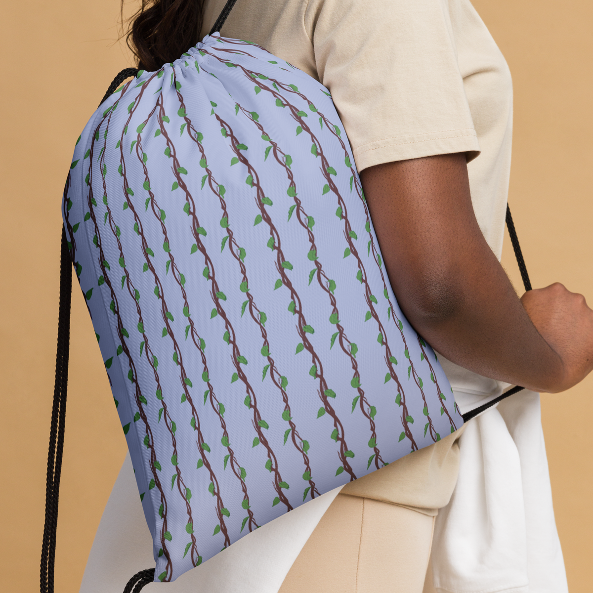 Drawstring Bag Leafy Branches Stripe Blue