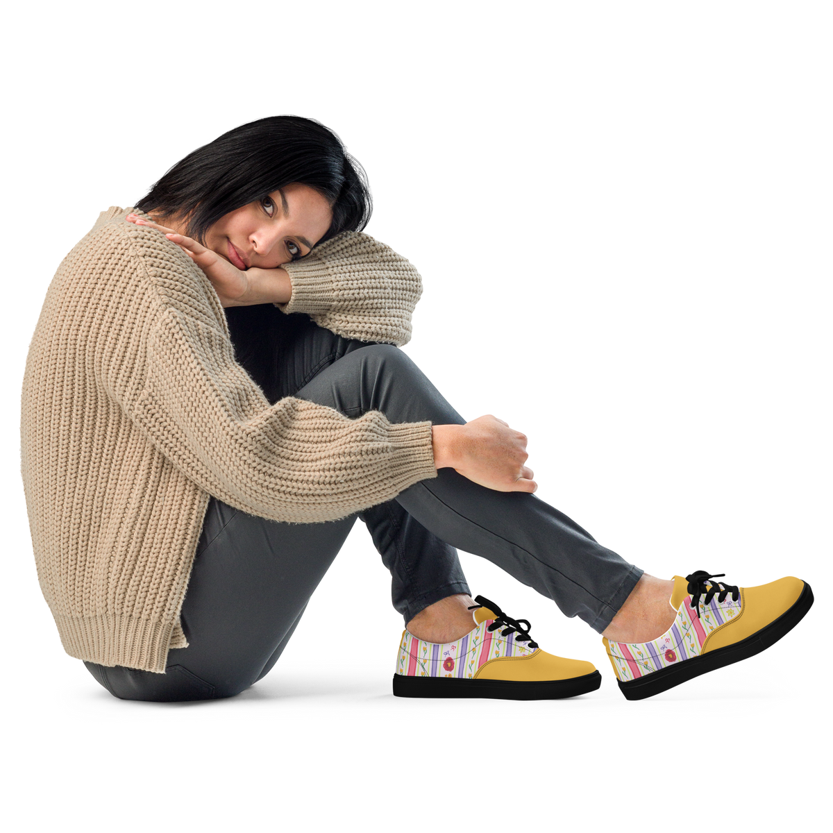 Women’s lace-up canvas shoes Satin Ribbons Yellow